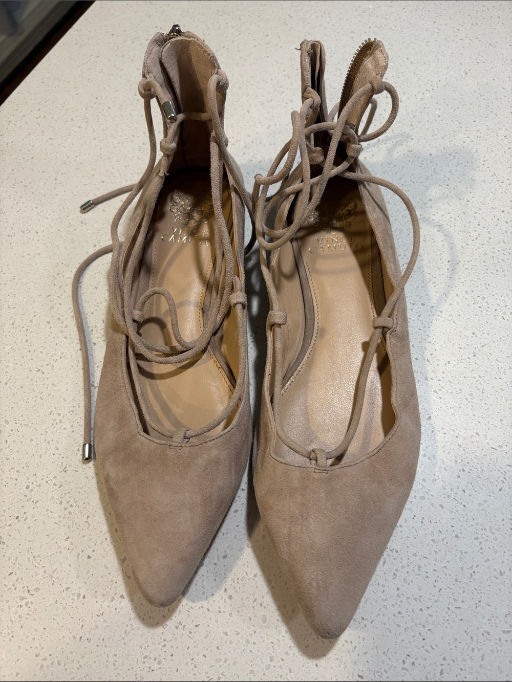 Vince Camuto Toe Lace-Up Flats in Taupe Suede